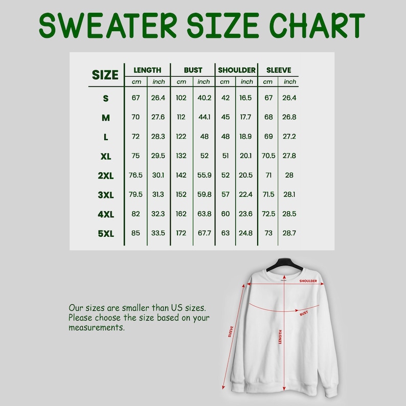 May include: A sweater size chart with green text titled SWEATER SIZE CHART, displaying measurements in cm and inches for sizes S through 5XL. Below, a white long-sleeve sweater shows red lines indicating length, bust, and sleeve measurement points.