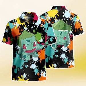 Polo Bulbasaur con estampado de salpicaduras de color, botones, estampado de hierba, polo con cremallera, estampado de criaturas, atuendo casual de verano unisex, regalos de Bulbasaur