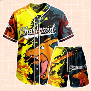 May include: A short-sleeve button-down baseball jersey and matching shorts set featuring a vibrant yellow, orange, and dark blue flame pattern. The jersey displays the text Charizard in white script and a graphic of the character Charizard.