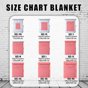 May include: A size chart for blankets, with sizes ranging from 2XS (30x40 inches) to 4XL (79x118 inches). Each size is displayed with a visual representation of a bed and blanket, along with the dimensions in inches and centimeters.