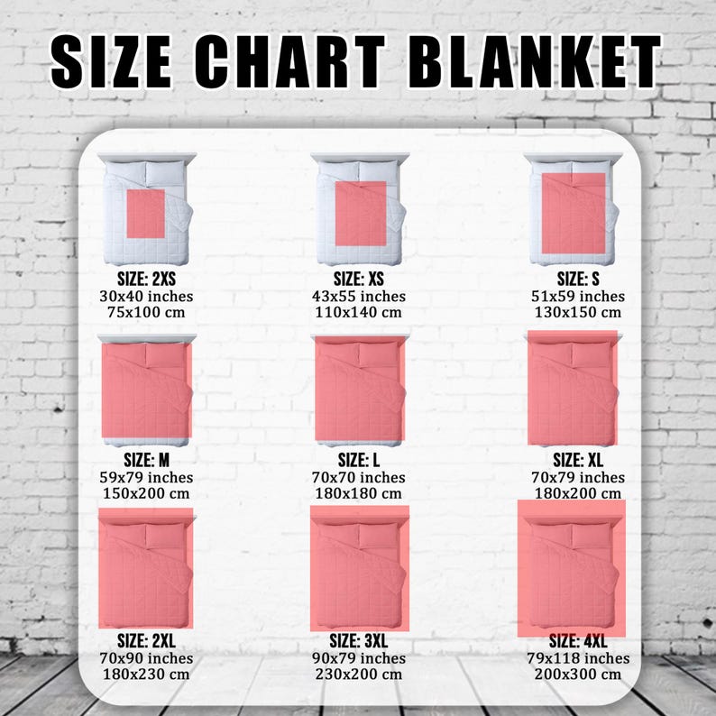 May include: A size chart for blankets, with sizes ranging from 2XS (30x40 inches) to 4XL (79x118 inches). Each size is displayed with a visual representation of a bed and blanket, along with the dimensions in inches and centimeters.