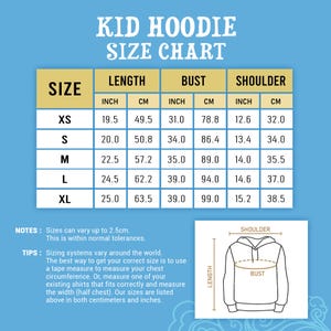 May include: A kid hoodie size chart on a blue background. The table lists sizes XS through XL with measurements in inches and centimeters for length, bust, and shoulder. A diagram shows where to measure the length, bust, and shoulder on a hoodie.