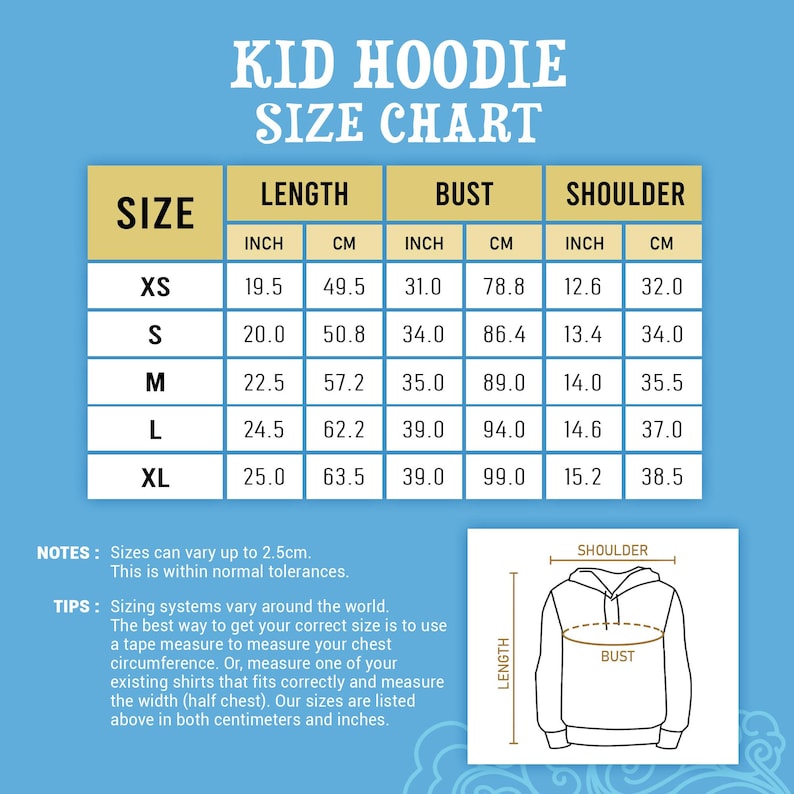 May include: A kid hoodie size chart on a blue background. The table lists sizes XS through XL with measurements in inches and centimeters for length, bust, and shoulder. A diagram shows where to measure the length, bust, and shoulder on a hoodie.
