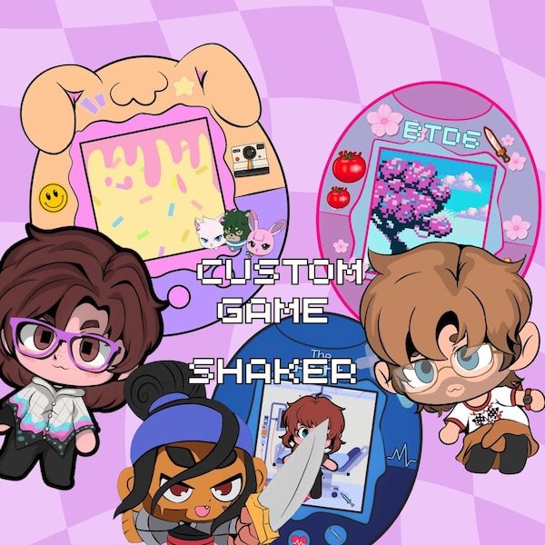 以下が含まれることがあります： 3つの携帯型バーチャルペットデバイスと3人のちびキャラが描かれたデジタルイラスト。中央に「CUSTOM GAME SHAKER」の文字。デバイスにはケーキ、桜の木、病院のシーンのピクセルアートが表示されている。
