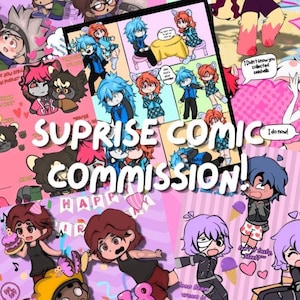 Può includere: Un collage colorato di illustrazioni di cartoni animati, con vari personaggi e scene. L'immagine centrale mostra il testo "SUPRISE COMIC COMMISSION!". Altre immagini includono personaggi con capelli blu, rossi e marroni e il numero "18" su uno sfondo rosa.