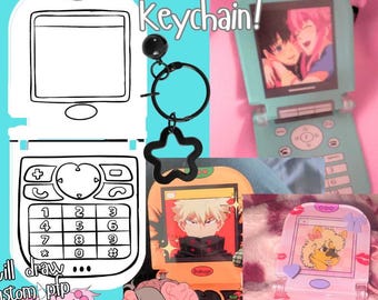 May include: A collection of custom flip phone keychains featuring various anime-style character illustrations on the screens. The designs include a white line-art template, a light blue phone, an orange phone, and a pink phone with lip prints.