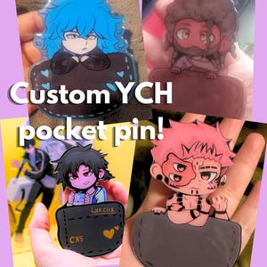 May include: Four custom pocket pins featuring anime-style characters emerging from pockets. One pin shows a blue-haired character, another a brown-haired character, one with black hair holding a device labeled Link Click, and one with pink hair and multiple eyes.