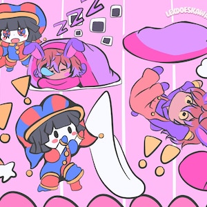 Puede incluir: Ilustración digital caprichosa con personajes de dibujos animados con atuendos coloridos y orejas de conejo. Los personajes están ambientados sobre un fondo rosa a rayas con varias formas y símbolos, incluyendo signos de exclamación, nubes y una llave. La obra tiene una estética juguetona y soñadora.