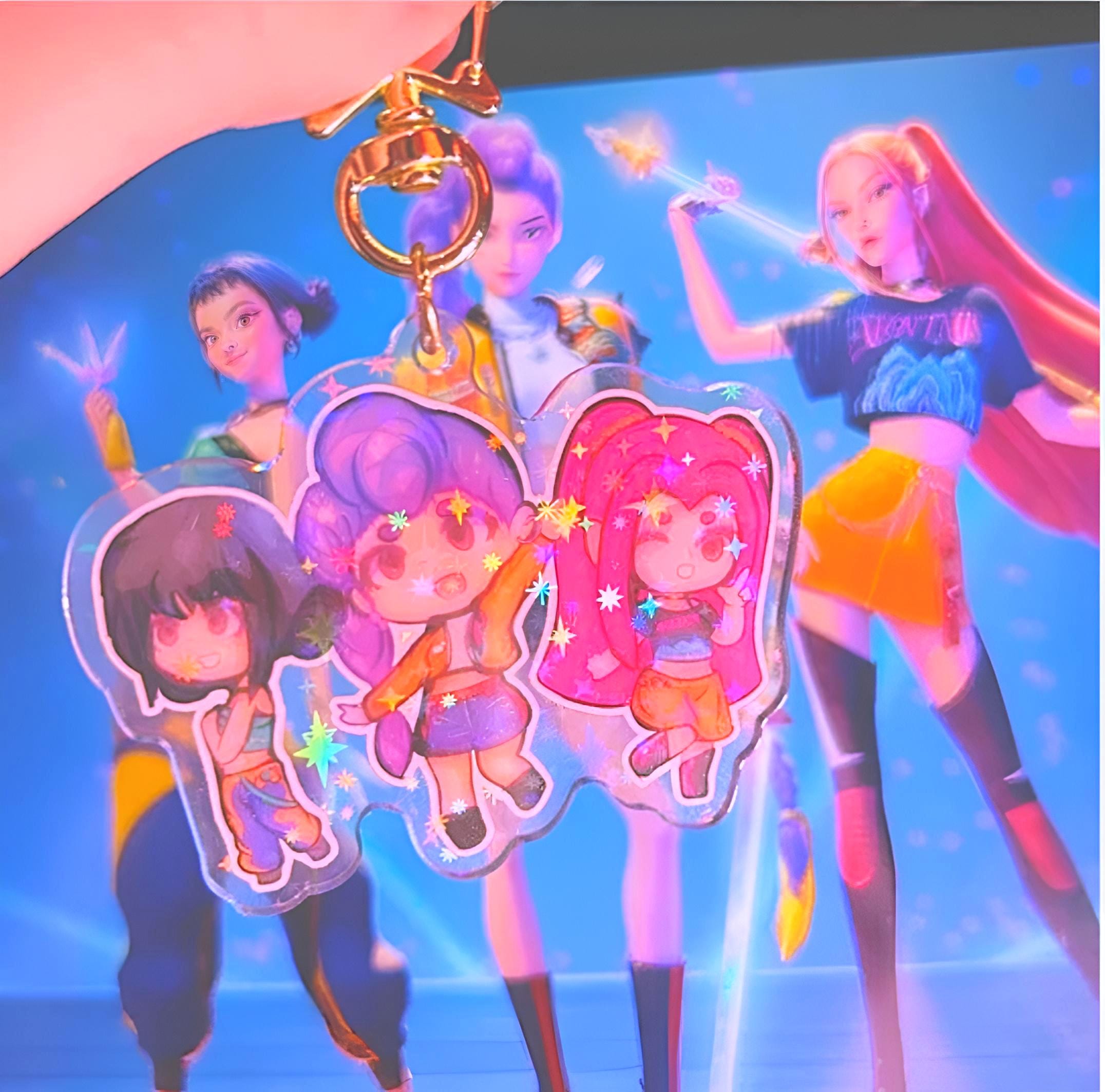 KPDH Huntrix Girls Holographic Acrylic Keychain Mira, Zoey, and