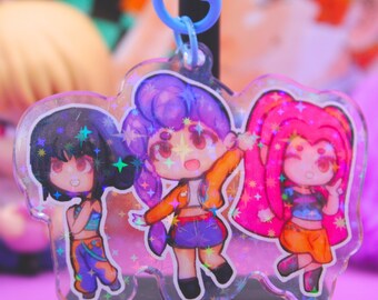 KPDH Huntrix Girls Holographic Acrylic Keychain Mira, Zoey, and