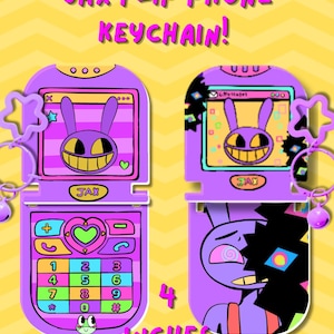 Peut inclure: Porte-clés téléphone à clapet violet avec un design de lapin de dessin animé. Le porte-clés mesure 10,16 cm de haut et porte l'inscription "JAX FLIP PHONE KEYCHAIN!". Le téléphone a un clavier, un écran et des breloques en forme d'étoile.