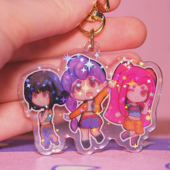 KPDH Huntrix Girls Holographic Acrylic Keychain Mira, Zoey, and