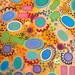 May include: Abstract painting with a yellow background and colorful circles, ovals, and squiggles. The painting is filled with bright colors, including purple, blue, green, pink, and orange.