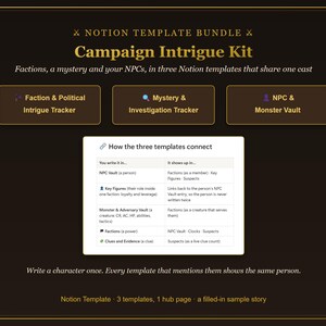 May include: A Notion template bundle titled Campaign Intrigue Kit featuring three trackers: Faction & Political Intrigue, Mystery & Investigation, and NPC & Monster Vault. A central table explains how the three templates connect and share data.