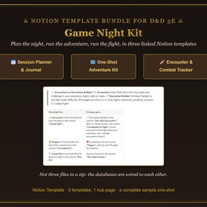 Puede incluir: Un paquete de plantillas de Notion para D&D 5E titulado Game Night Kit. Incluye un Session Planner & Journal, un One-Shot Adventure Kit y un Encounter & Combat Tracker. La imagen muestra una tabla que explica cómo se vinculan las bases.