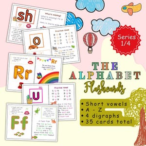Alfabetletters Flashcards | Korte klinkers, AZ medeklinkers en digrafieken (ch, sh, th) | Afdrukbaar IPA-geluiden, mondvorm en afbeeldingsprompts