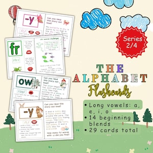 Serie 2 | Alfabetletters Flashcards | Lange klinkers, beginmelanges | IPA-geluiden, mondvorm en afbeeldingsprompts afdrukbaar | 29 kaarten