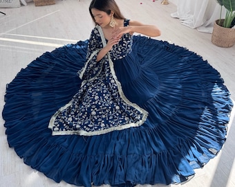 Designer Blue Long Gown, Wedding Wear Long Gown, Fully Flair Embroidered Gown, Ready to Wear Gown, Party Wear Long Gown, Anarkali Long Gown