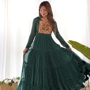 Green Laheriya Anarkali Gown: Gamthi Patchwork Navratri Dress