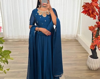 Presenting By New Party Wear Look Back Rangoli Georgette Gown With Dupatta Set, Anarkali Long Blue Gown , Ready to Wear Gown, Gown Dress