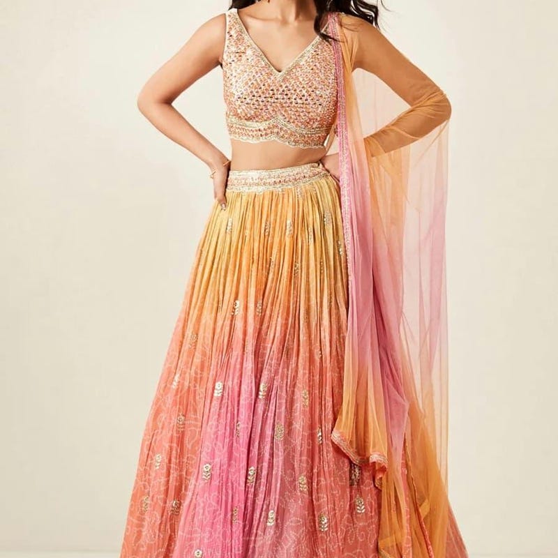 Orange Green Pure Cotton Chaniya Choli with Mirror Work main image 0