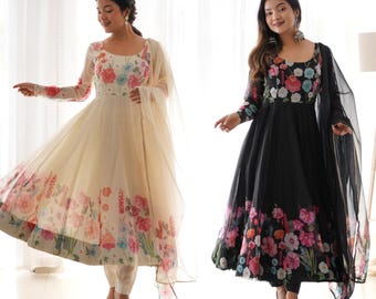 Designer Organza Printed Anarkali Gown, Anarkali Gown With Pad, Black And White Gown, Ready To Wear Gown With Long Sleeves, Long Gown Dress