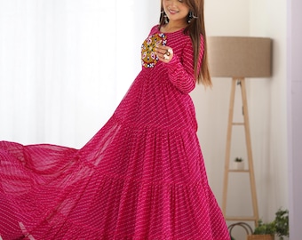 Designer Pink Patch work 9 Miter Flared Gown, Navratri Gown Collection, Traditional Pink Gown, Ready to Wear Gown, Gown