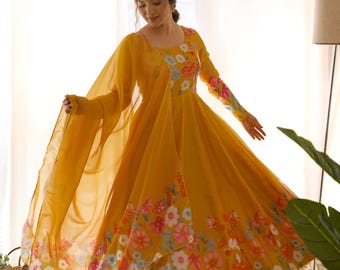 Designer Organza Printed Anarkali Gown, Anarkali Gown With Pad, Yellow Wedding Gown, Ready To Wear Gown With Long Sleeves, Long Gown Dress