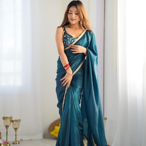 Teal Blue Tissue Silk Saree: Embroidered Lace, Ready to Wear