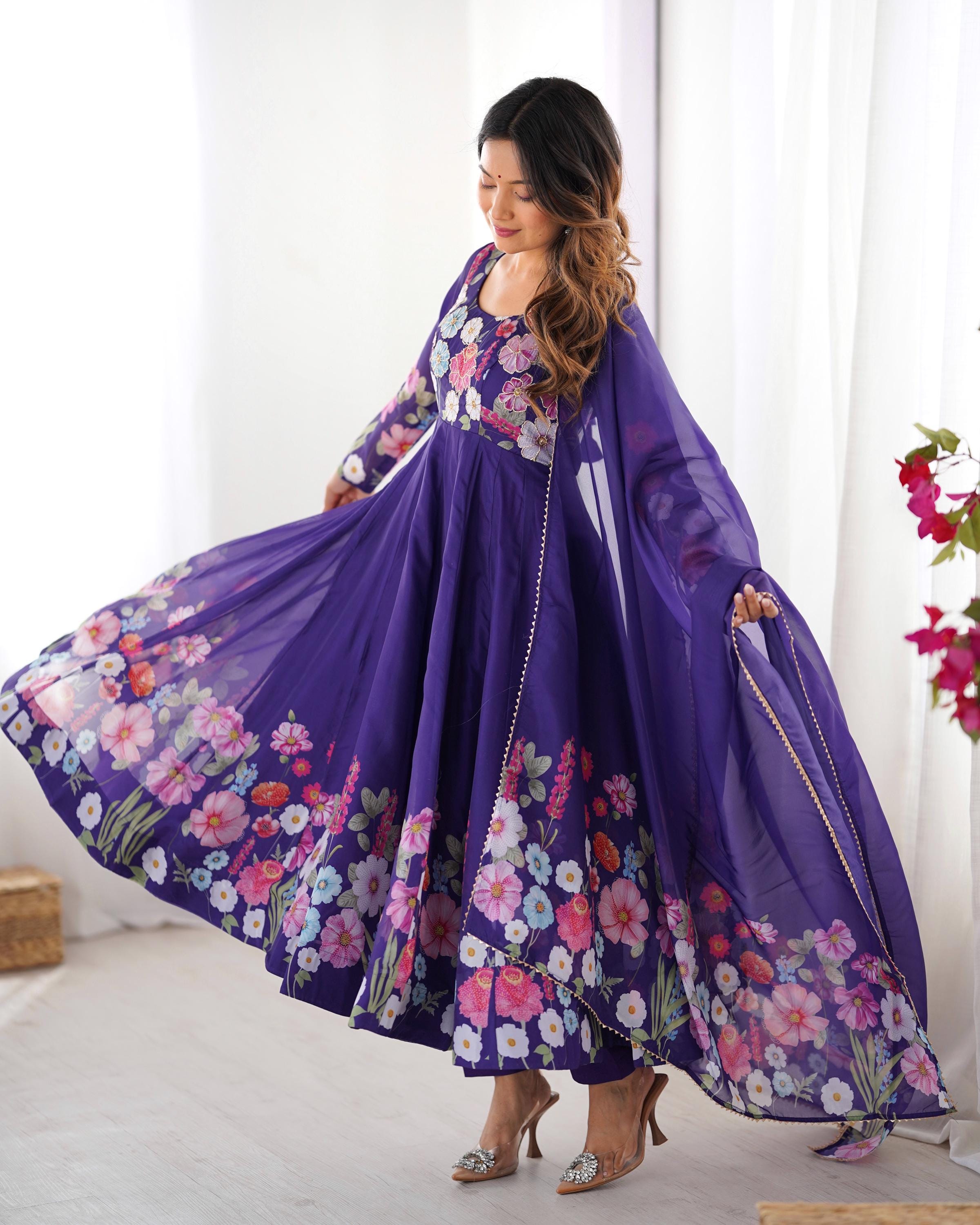 Designer Organza Printed Anarkali Gown, Anarkali Gown With Pad, Purple Wedding Gown, Ready To Wear Gown With Long Sleeves, Long Gown Dress