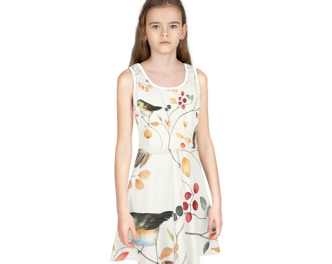Girls' Sleeveless Sundress with Bird and Floral Design, Perfect for Spring, Summer Parties, Outdoor Events, Floral Sundress, Girl's Dress,