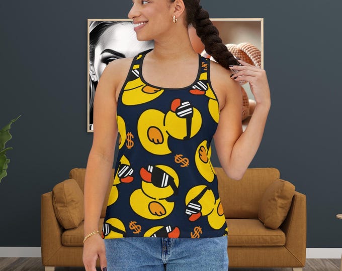 Playful Duck Pattern Tank Top: Summer Beach Wear, Trendy Casual Outfit, Unique Gift for Her