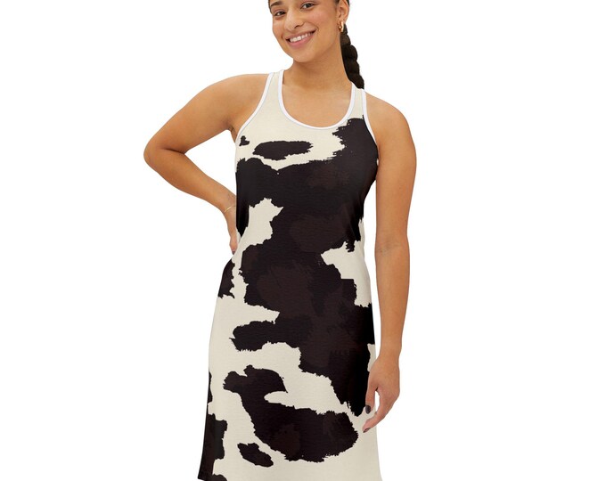 Boho Chic Cow Print Racerback Maxi Dress | Summer Beach Party Festival Outfit | Unique Animal Pattern