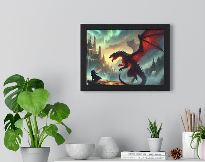 Epic Fantasy Dragon Landscape Framed Wall Art - Mythical Creature Poster for Home, Office & Gamers