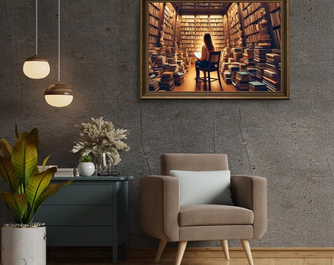 Serene Woman in Infinite Library: Digital Art Print of Bookworm's Paradise