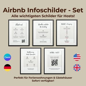 Zestaw znaków informacyjnych Airbnb – WiFi, wymeldowanie, kontakt alarmowy i inne | Canva edytowalna | Minimalistyczny design | Niemiecki | angielski