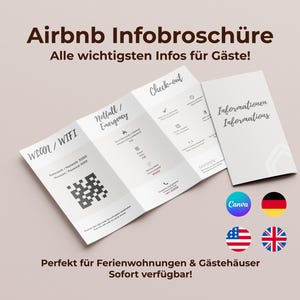 Broszura informacyjna Airbnb – Wi-Fi, wymeldowanie, kontakt alarmowy i więcej | Canva edytowalna | Minimalistyczny design | Niemiecki | angielski