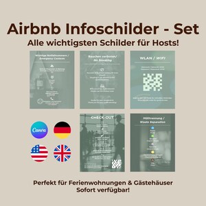 Zestaw znaków informacyjnych Airbnb – WiFi, wymeldowanie, kontakt alarmowy i inne | Canva edytowalna | Minimalistyczny design | Niemiecki | angielski
