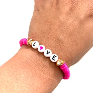 Stretchy Beaded LOVE Bracelet / Pink Heishi Bead Bracelet / Word Letter Heart Bracelet / Gift for Girlfriend or Wife / Anniversary Gift