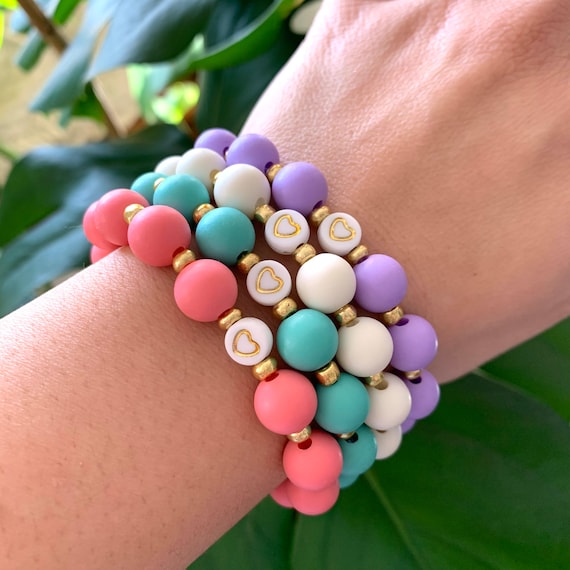 Round Pastel and Gold Heart Beaded Bracelet Love and Friendship
