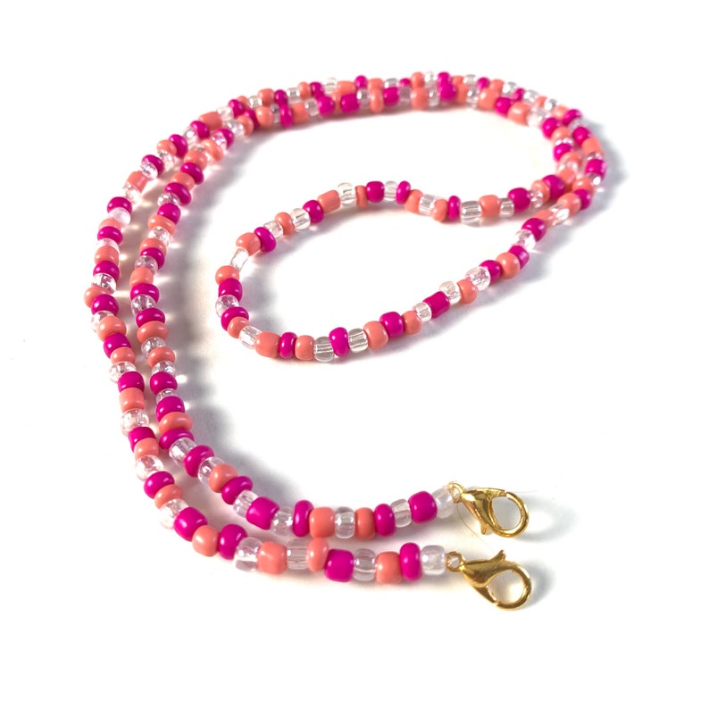 Beaded MasklaceMask Necklace Clear and Coral Seed Beads Magenta