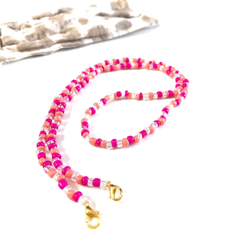 Beaded MasklaceMask Necklace Clear and Coral Seed Beads Magenta