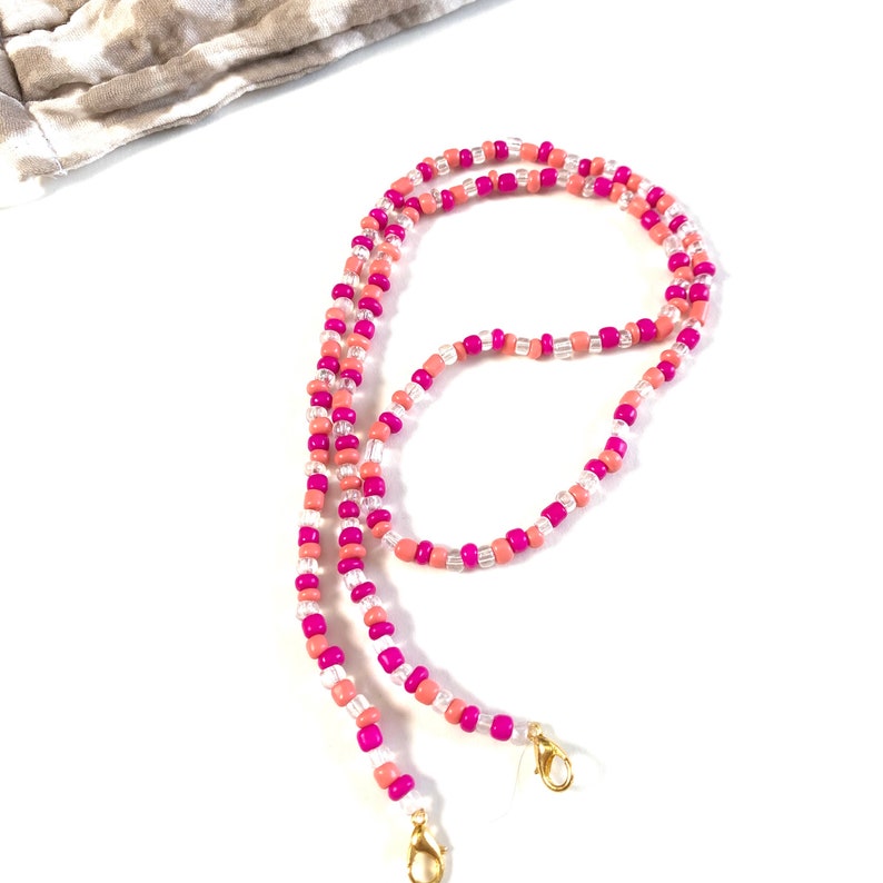 Beaded MasklaceMask Necklace Clear and Coral Seed Beads Magenta