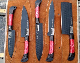 High Carbon Steel Chef Knife Set – Engraved Rosewood Handle Kitchen Knives, Corporate Gift Set