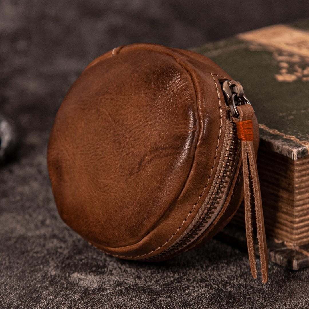 Round Leather Coin Purse – Handmade Small Zipper Pouch, Circular Coin ...