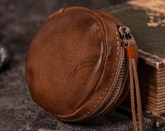 Round Leather Coin Purse – Handmade Small Zipper Pouch, Circular coin purse, Mini Coin Holder Key Chain Bag, Cute Wallet