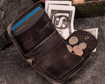 Short Leather Zip Wallet, Bifold Wallet for Men, Leather Coin Purse, Multi-Pocket Card Holder, Slim Cash Wallet with Zipper Closure