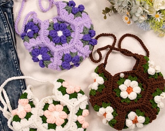 Sac au crochet fait main, sac à bandoulière en tricot avec fleurs, sac à bandoulière en crochet, fleur de cochet, sac à fleurs, sac à fleurs soufflées, sac pour femme, cadeau pour petite amie
