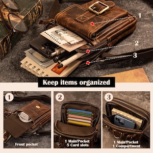 May include: A brown leather crossbody bag with multiple compartments, including a front pocket, a main pocket with card slots, and another with a phone and notebook. The bag features a buckle closure and the text "Keep items organized".