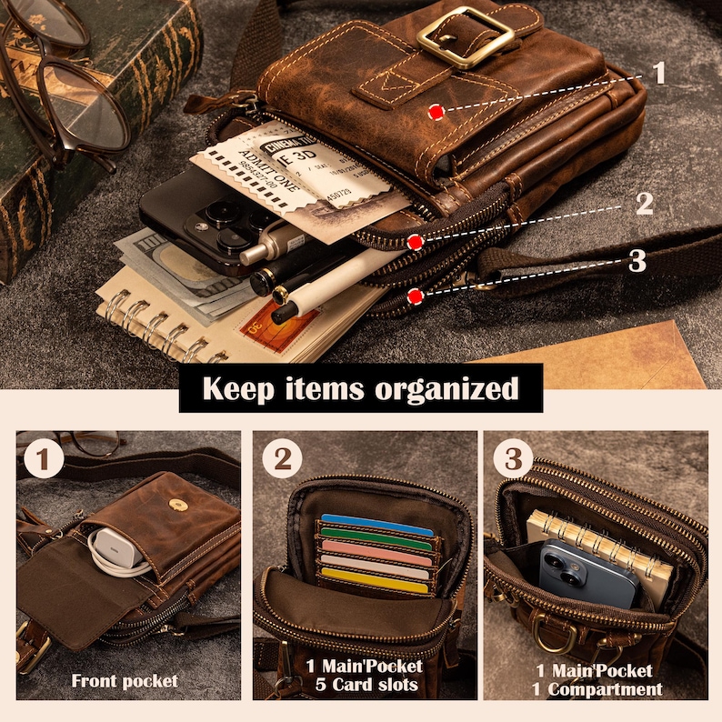 May include: A brown leather crossbody bag with multiple compartments, including a front pocket, a main pocket with card slots, and another with a phone and notebook. The bag features a buckle closure and the text "Keep items organized".
